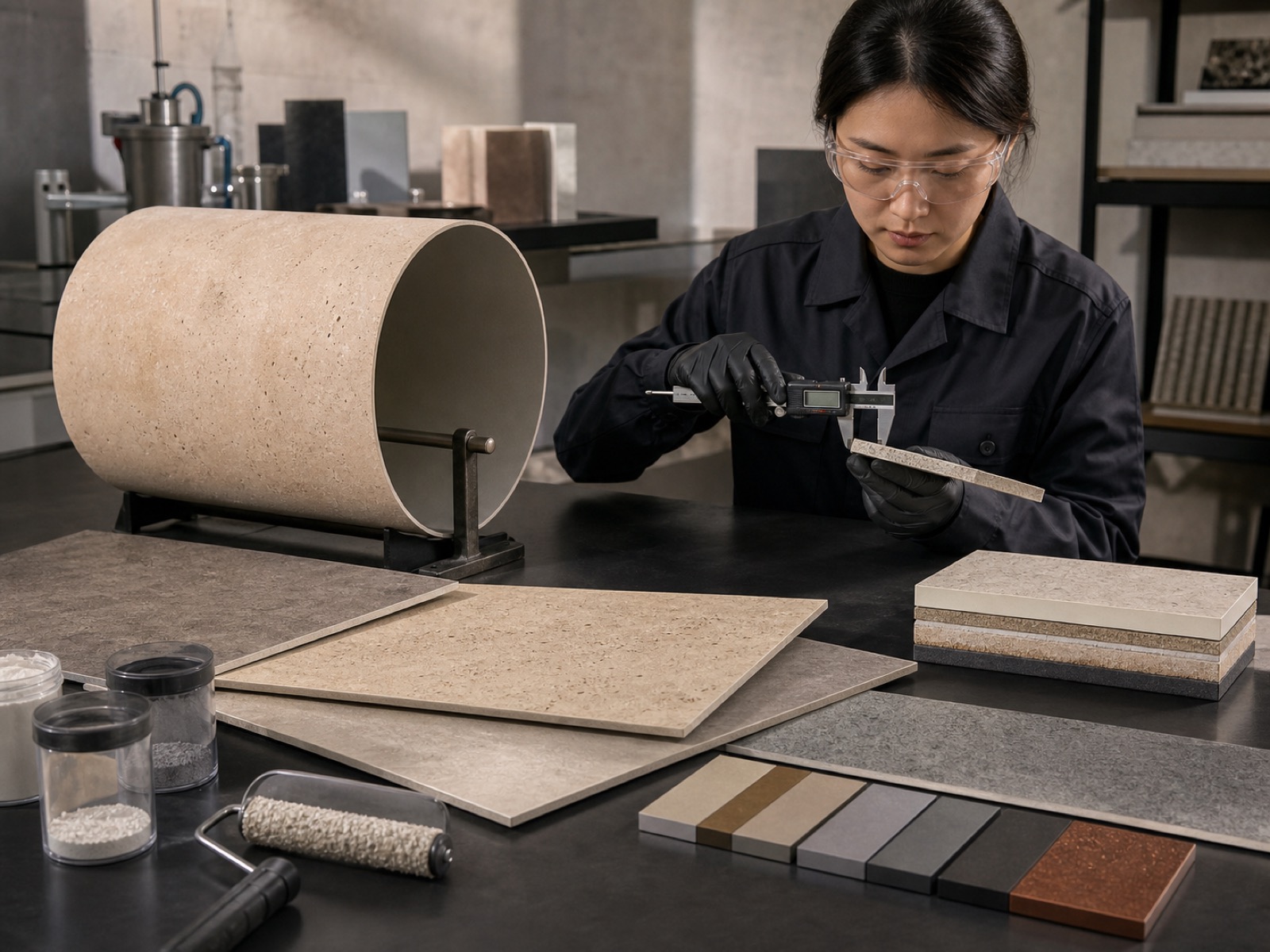 Materials technician measuring a flexible mineral surface