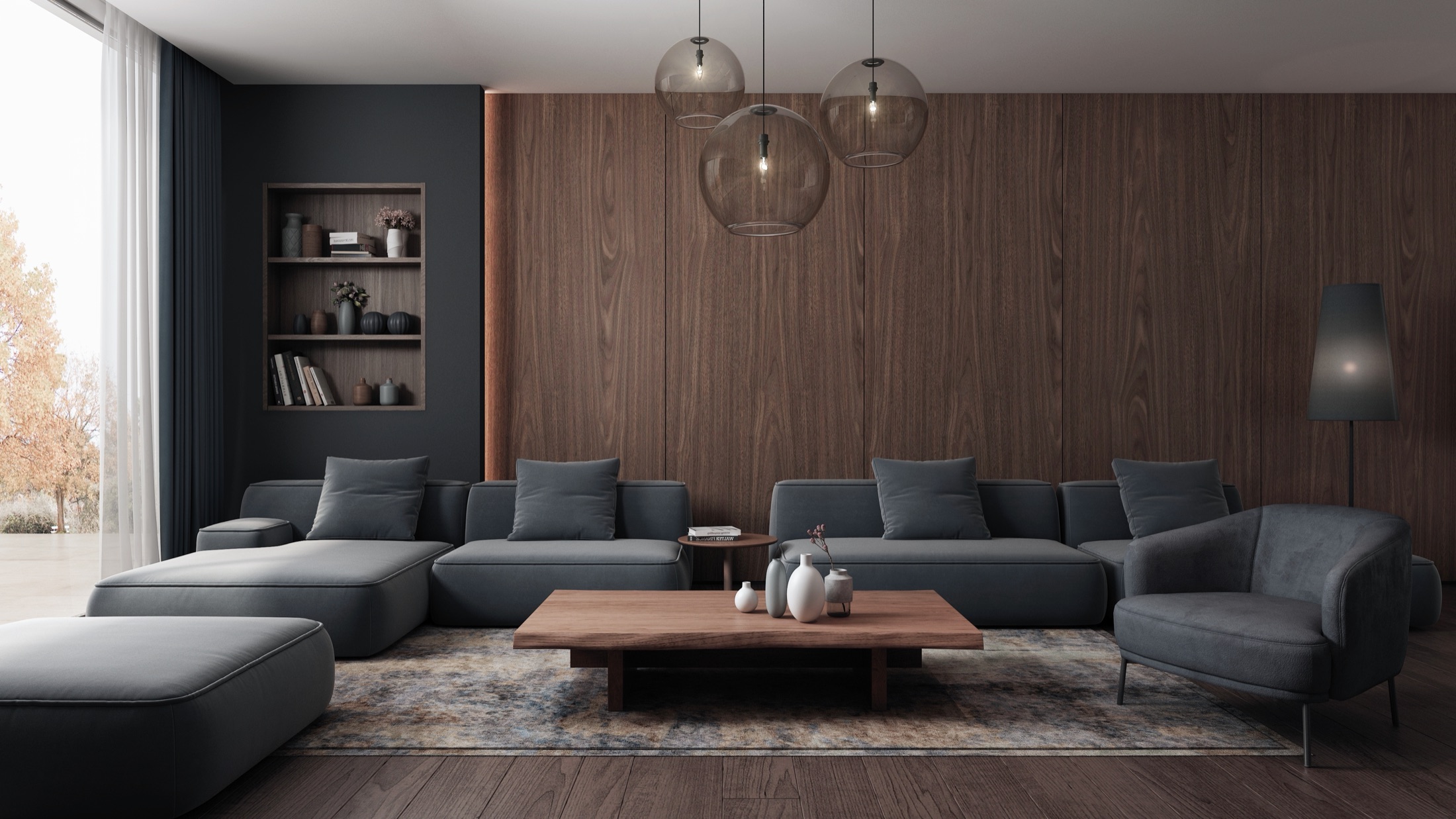 Contemporary living room with a warm woodgrain feature wall