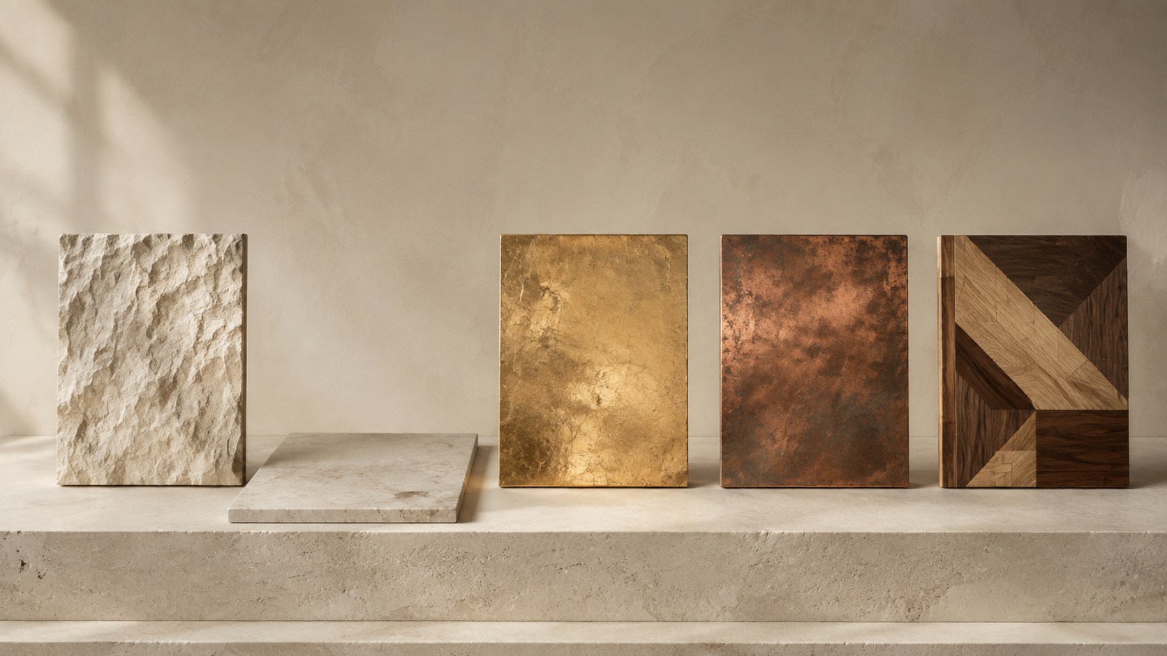 Conceptual material study with stone-like relief, a mineral-look sheet, gilded and metallic surfaces, and geometric wood marquetry.