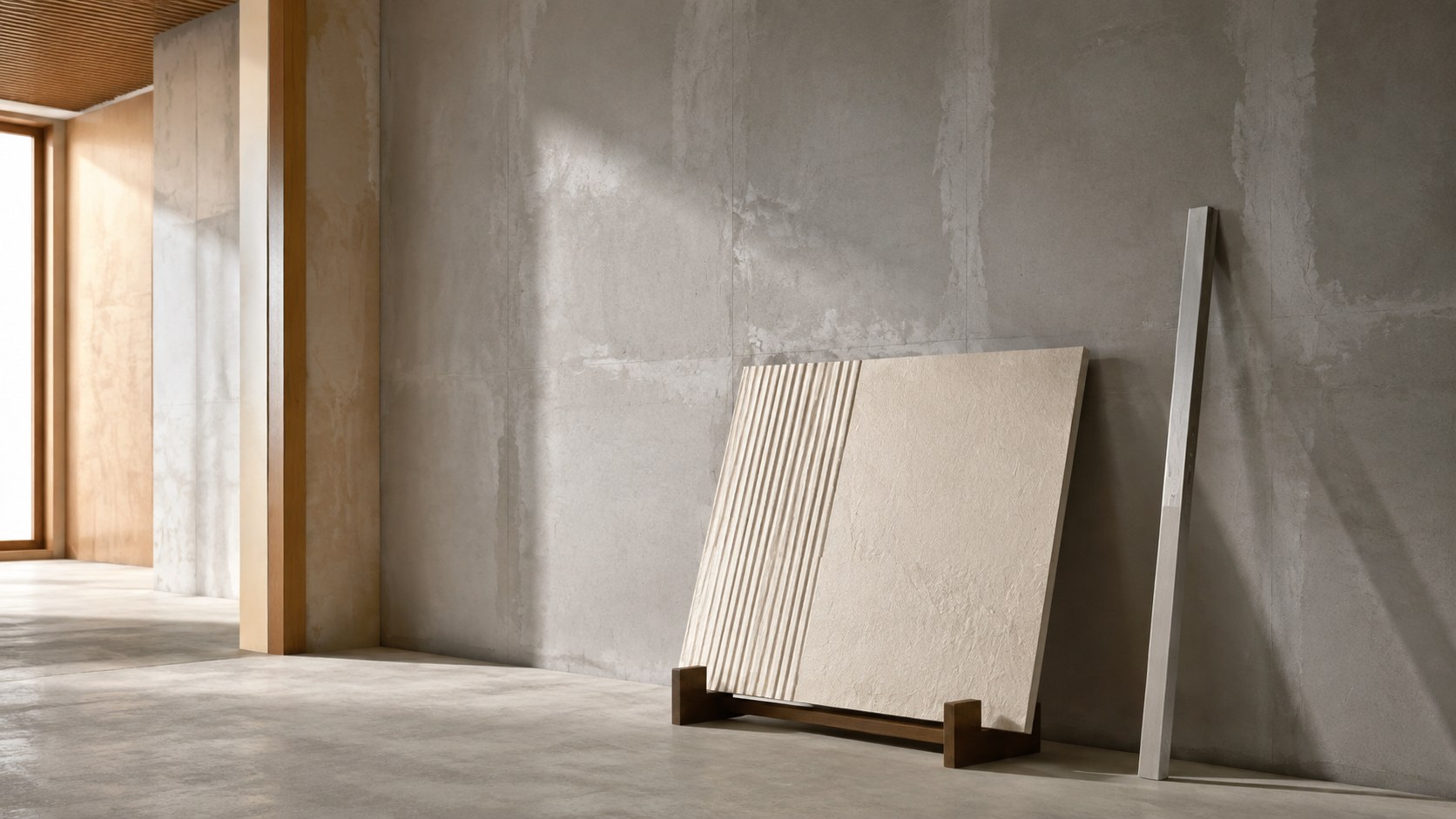 Conceptual room with a visible wall substrate, panel sample and straightedge.