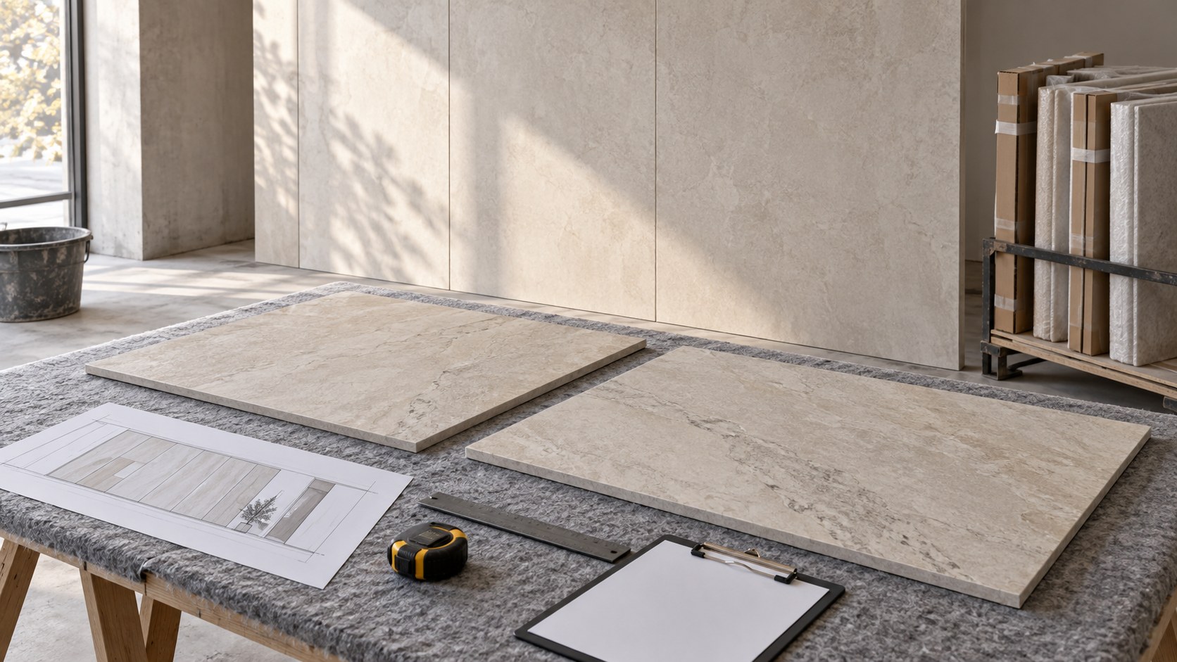 Conceptual pre-start review with decorative panel samples, a wall elevation and measuring tools on a protected worktable.