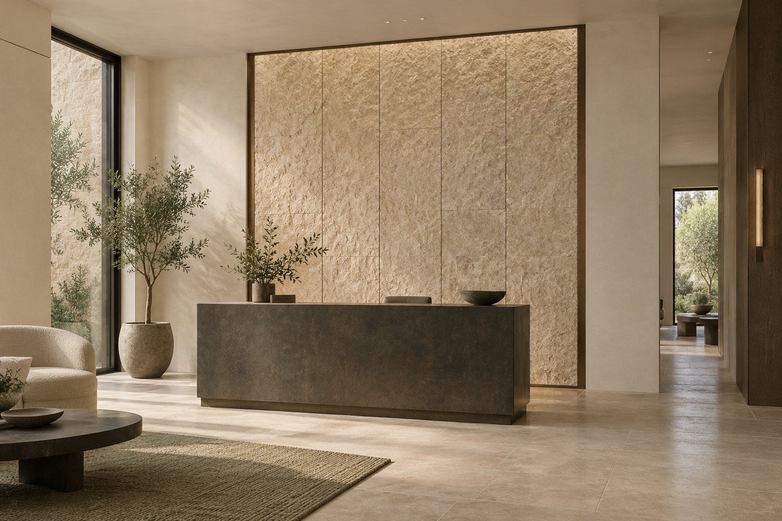 Reception concept with a textured central feature wall framed by quieter smooth ivory surfaces.