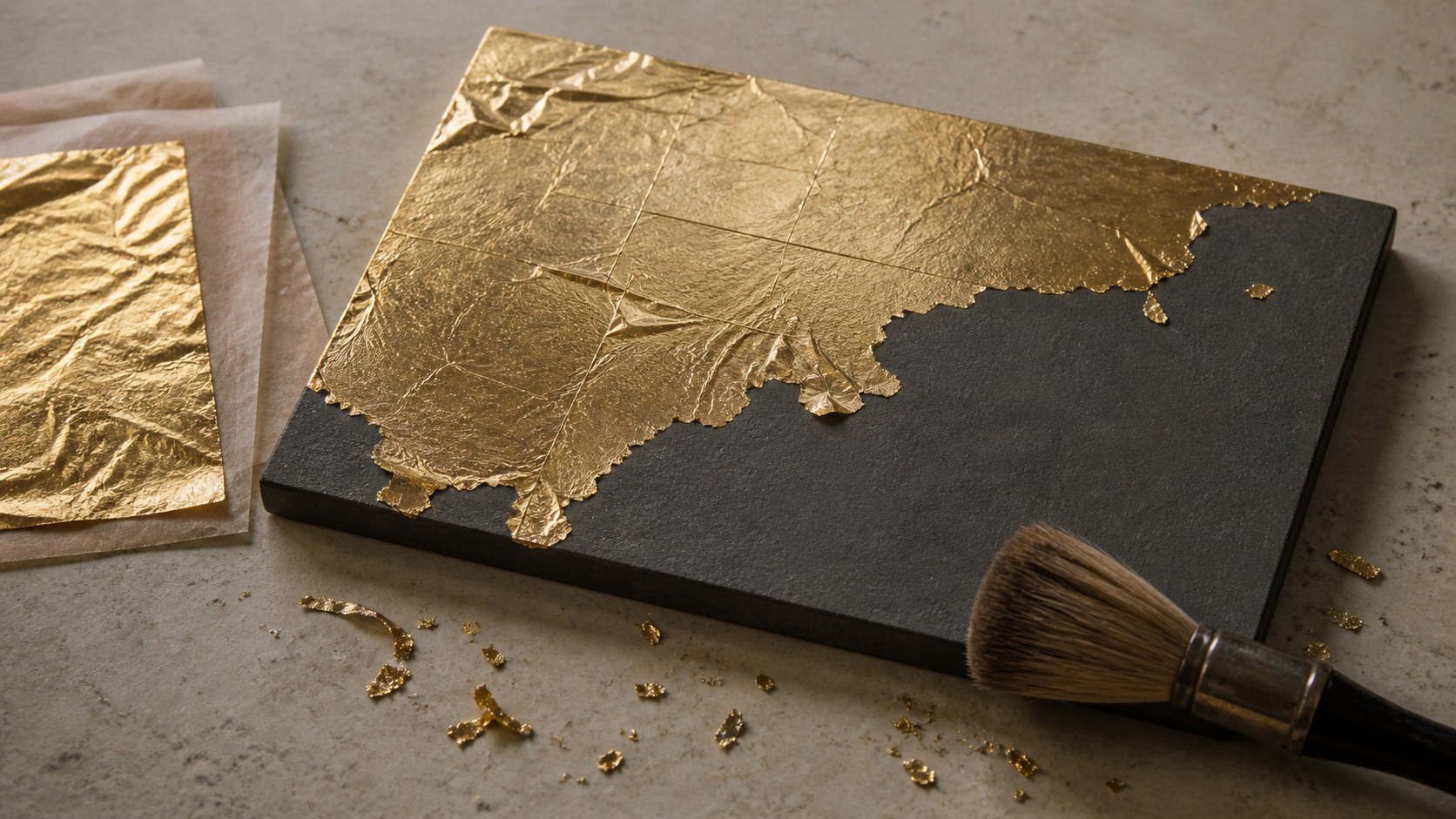 Conceptual metal leaf application showing overlaps, prepared ground and a soft brush.