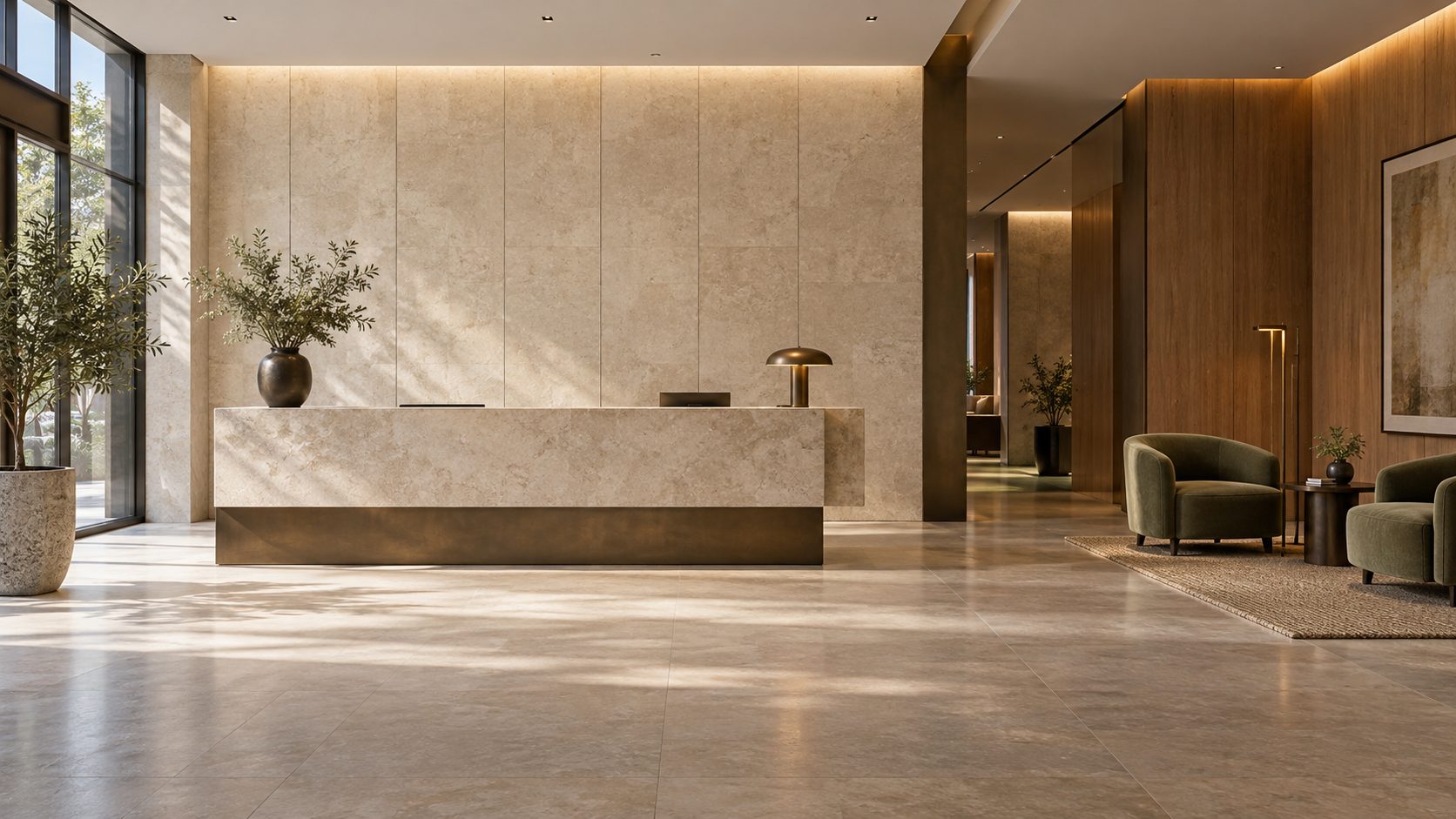 Conceptual hotel lobby with a pale mineral-look reception wall, visible panel joints and a timber-lined seating area.