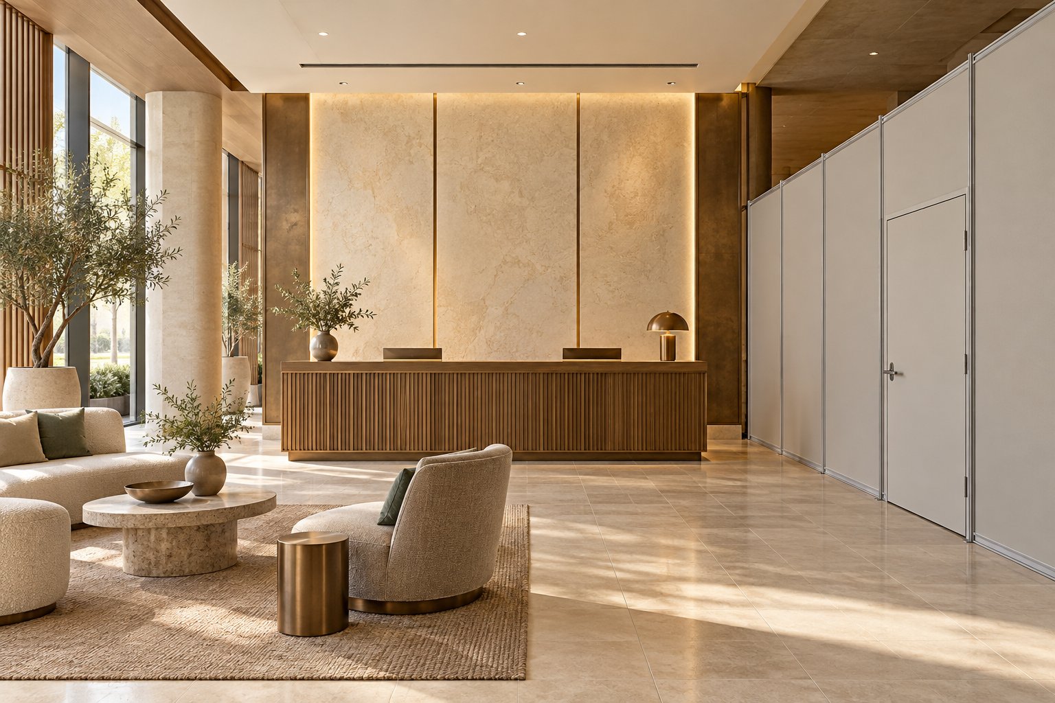 Hotel lobby concept with a mineral-look feature wall and a closed temporary partition at the right.