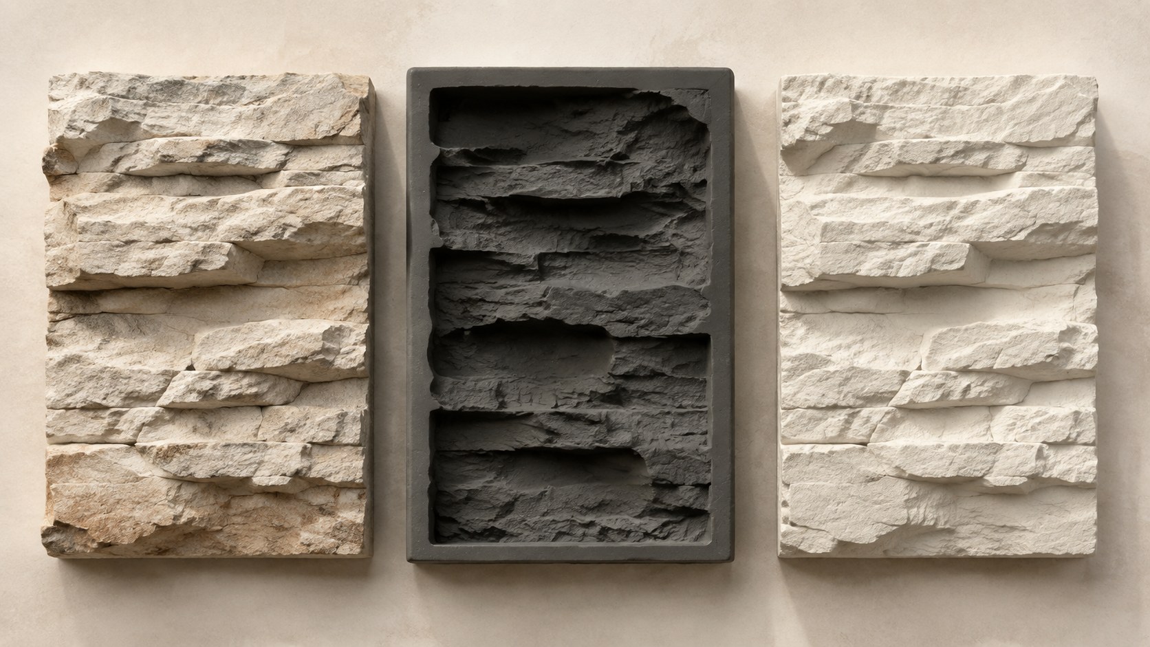 Conceptual rock-relief master, negative mold and finished stone-effect casting.