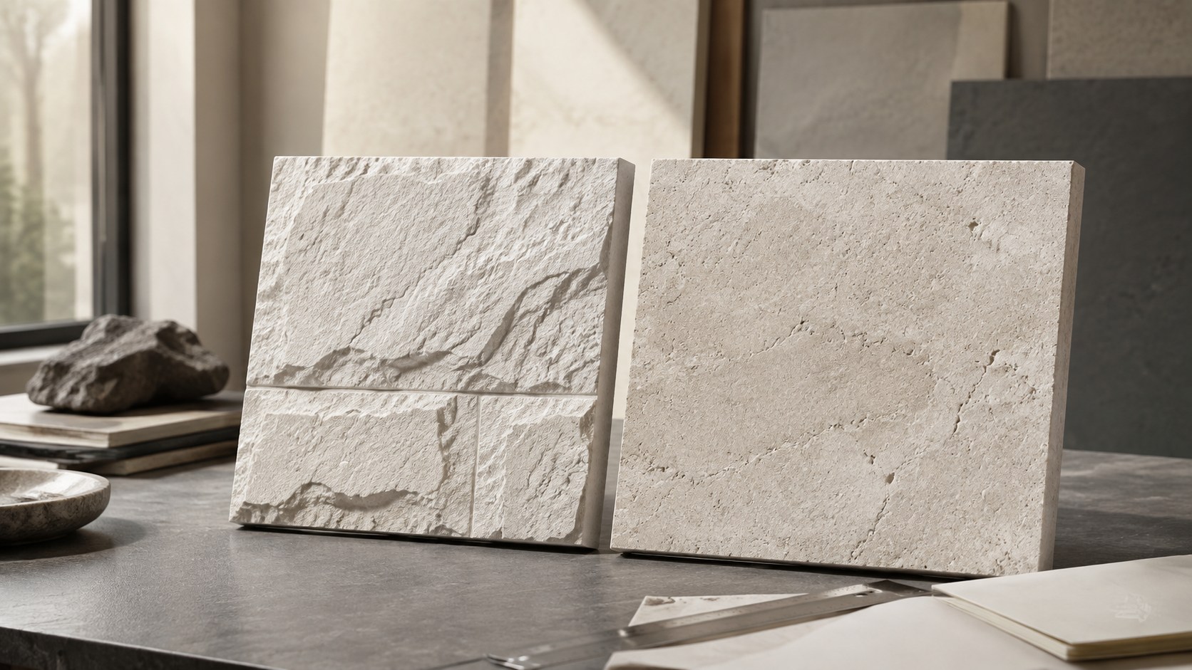 Conceptual studio comparison of two pale textured panels with different stone-like surface expressions.