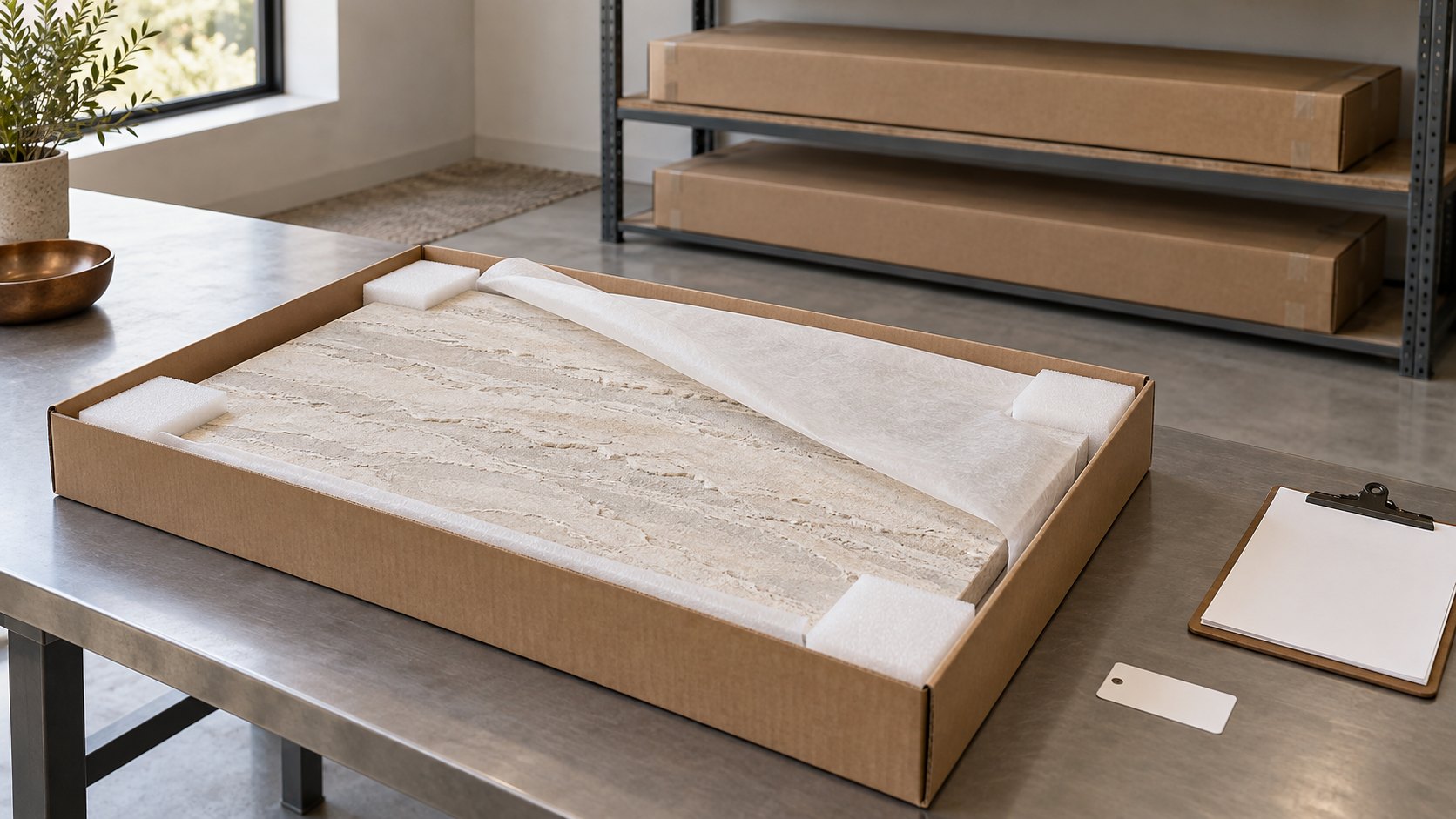 Conceptual receiving inspection with a protected mineral-look panel in an open carton, a clipboard and sealed cartons on shelves.