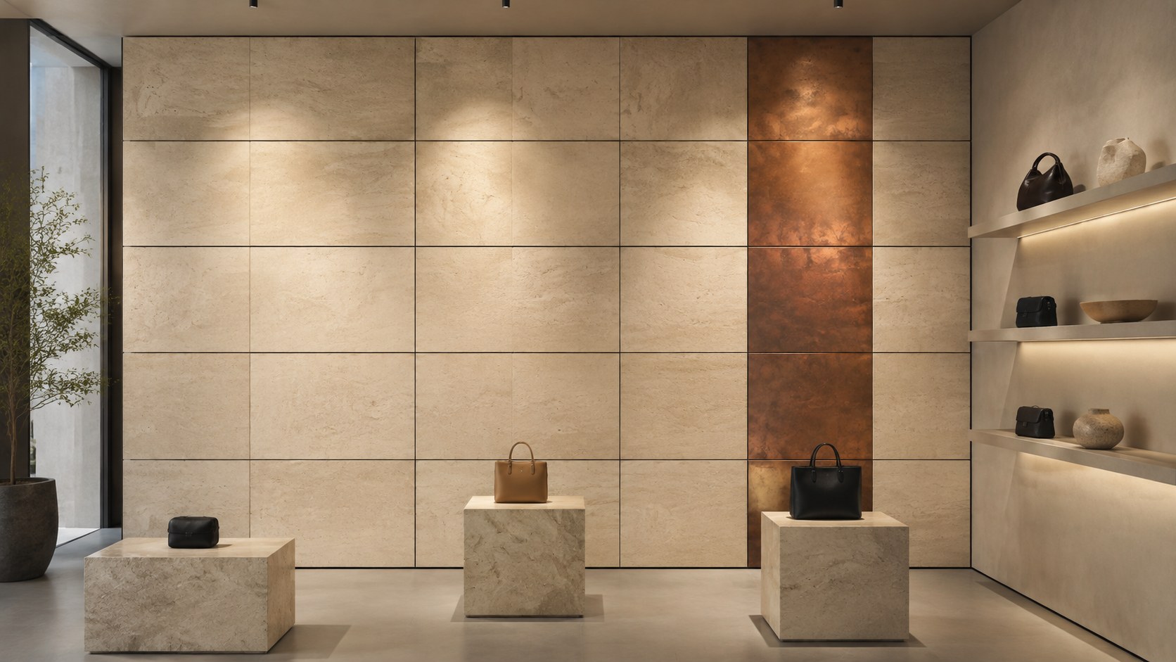 Conceptual retail wall with a modular panel grid, copper-coloured accent and freestanding displays.
