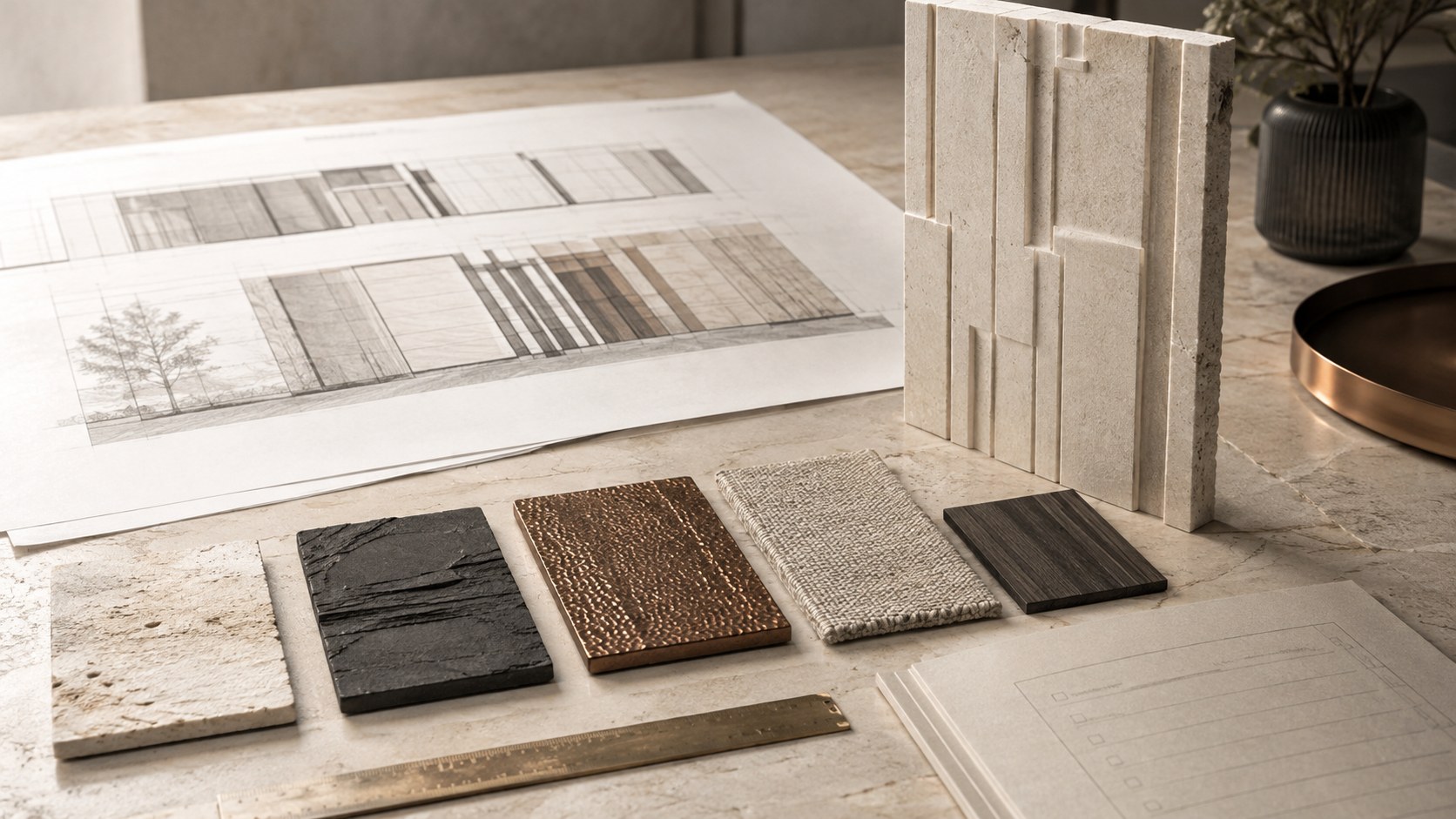 Conceptual specification desk with drawings, finish swatches and an upright relief sample.