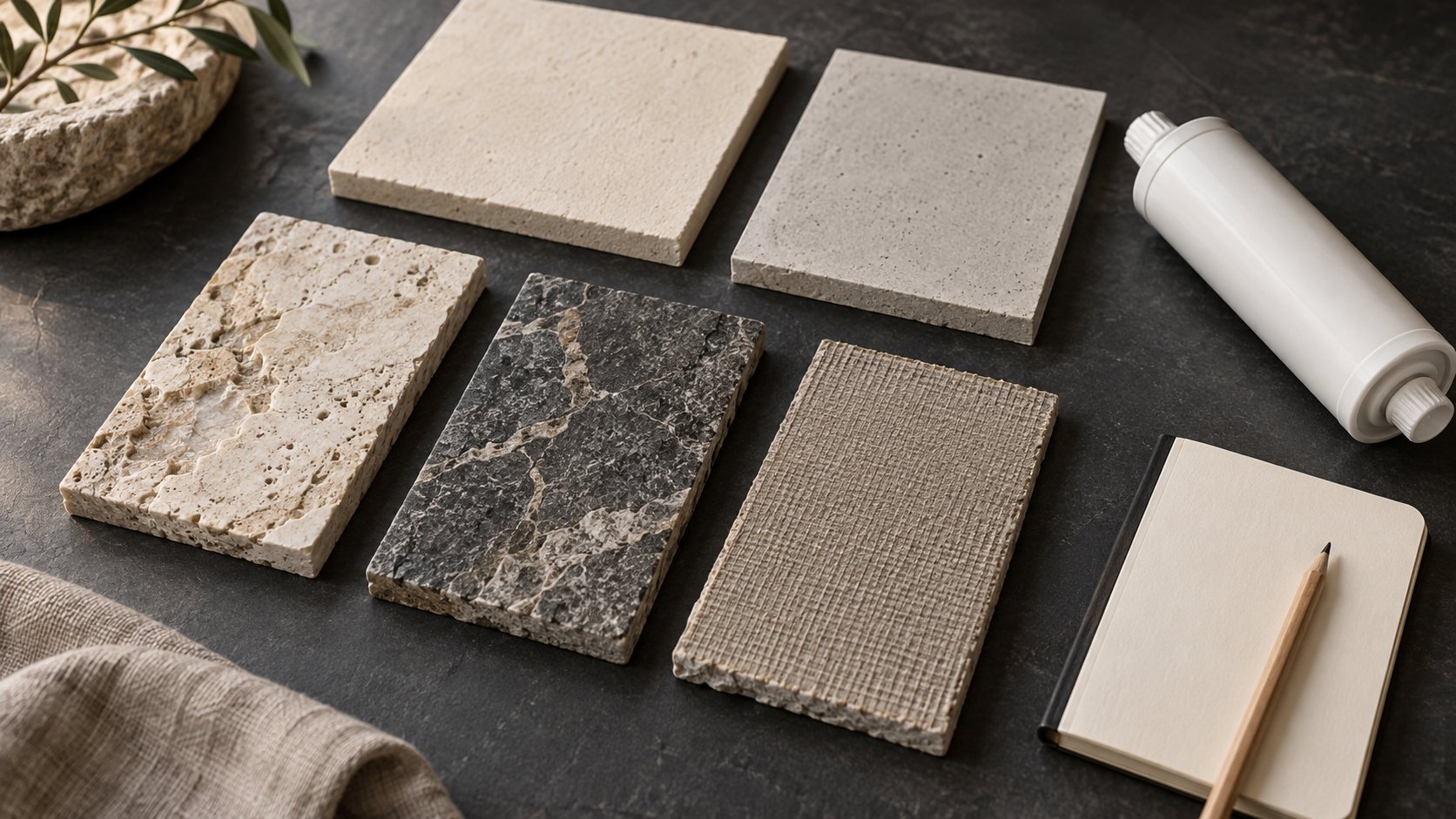 Conceptual material review with mineral-look offcuts, a textured sample backing, substrate boards and an unbranded adhesive container.