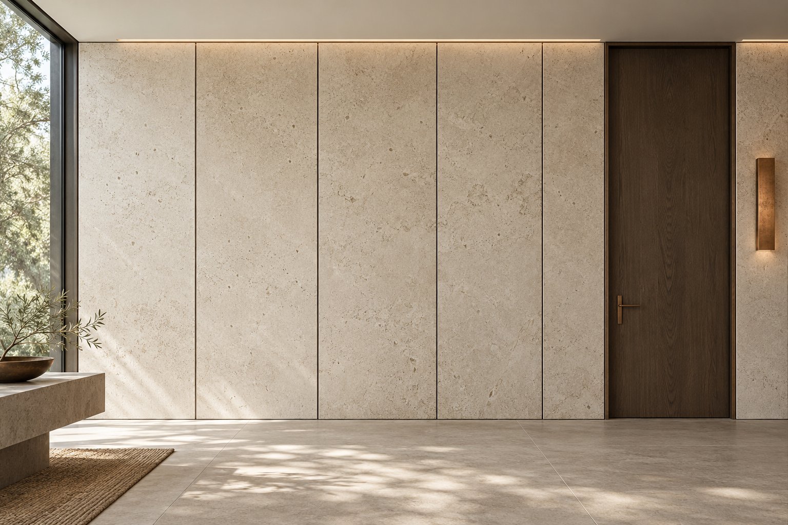 Architectural concept with pale mineral-look wall panels, visible vertical joints and an adjoining dark timber doorway.