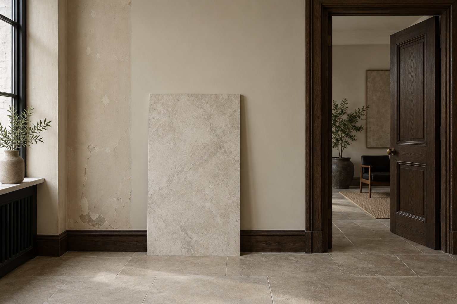 Refurbishment concept with an aged painted wall, a loose mineral-look panel and an existing timber doorway.