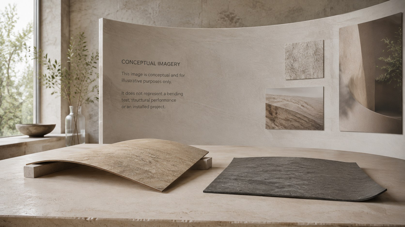 AI concept showing gently curved mineral-look and slate-look sample sheets in front of a curved display wall.