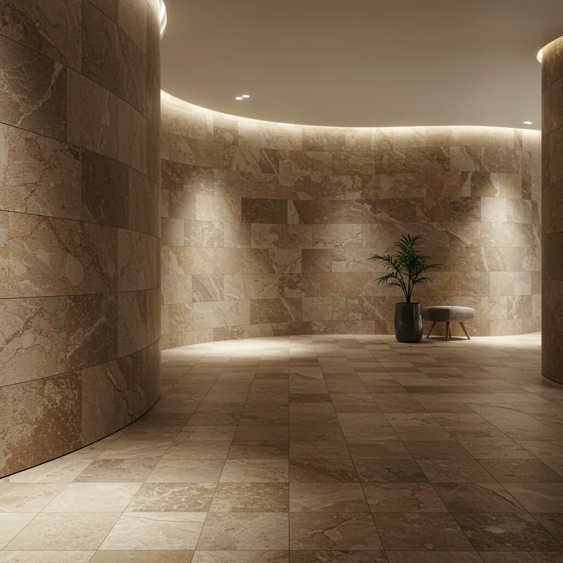 Flexible stone surface following curved architectural walls