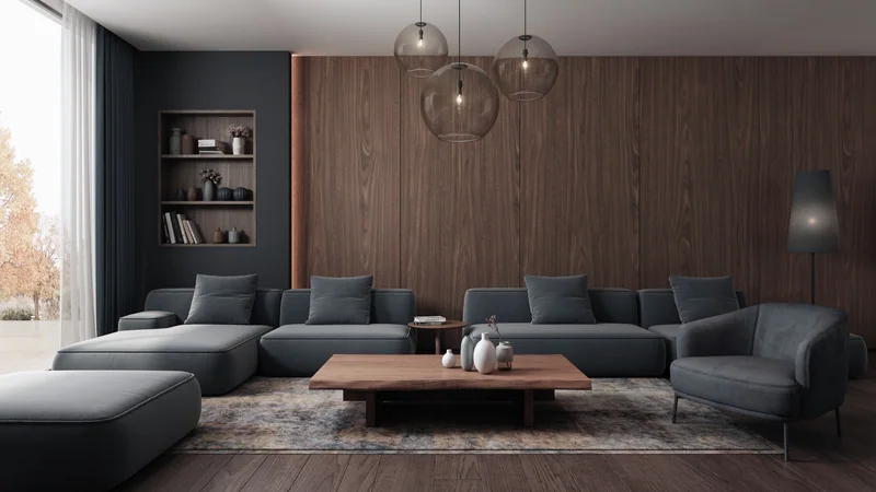Contemporary living room with a warm woodgrain feature wall