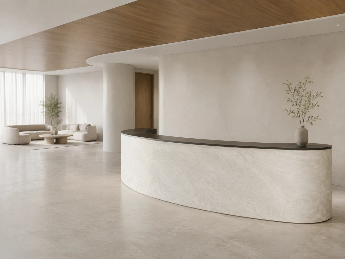 Concept reception interior with a curved mineral-look surface and a restrained material palette.