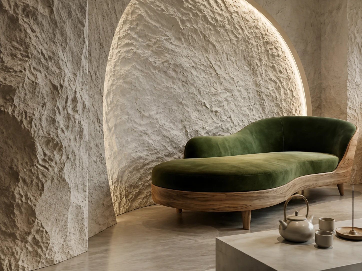 Concept close perspective of the hospitality stone-look wall beside lounge furniture.