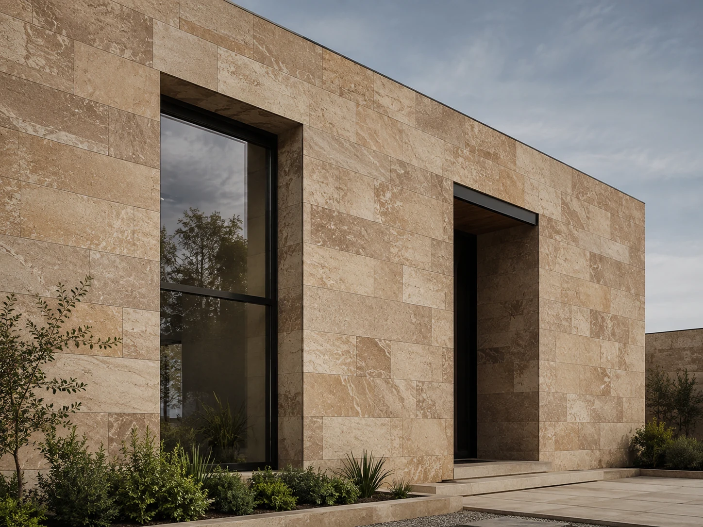 Concept exterior with a mineral-look facade, showing surface rhythm and building openings.