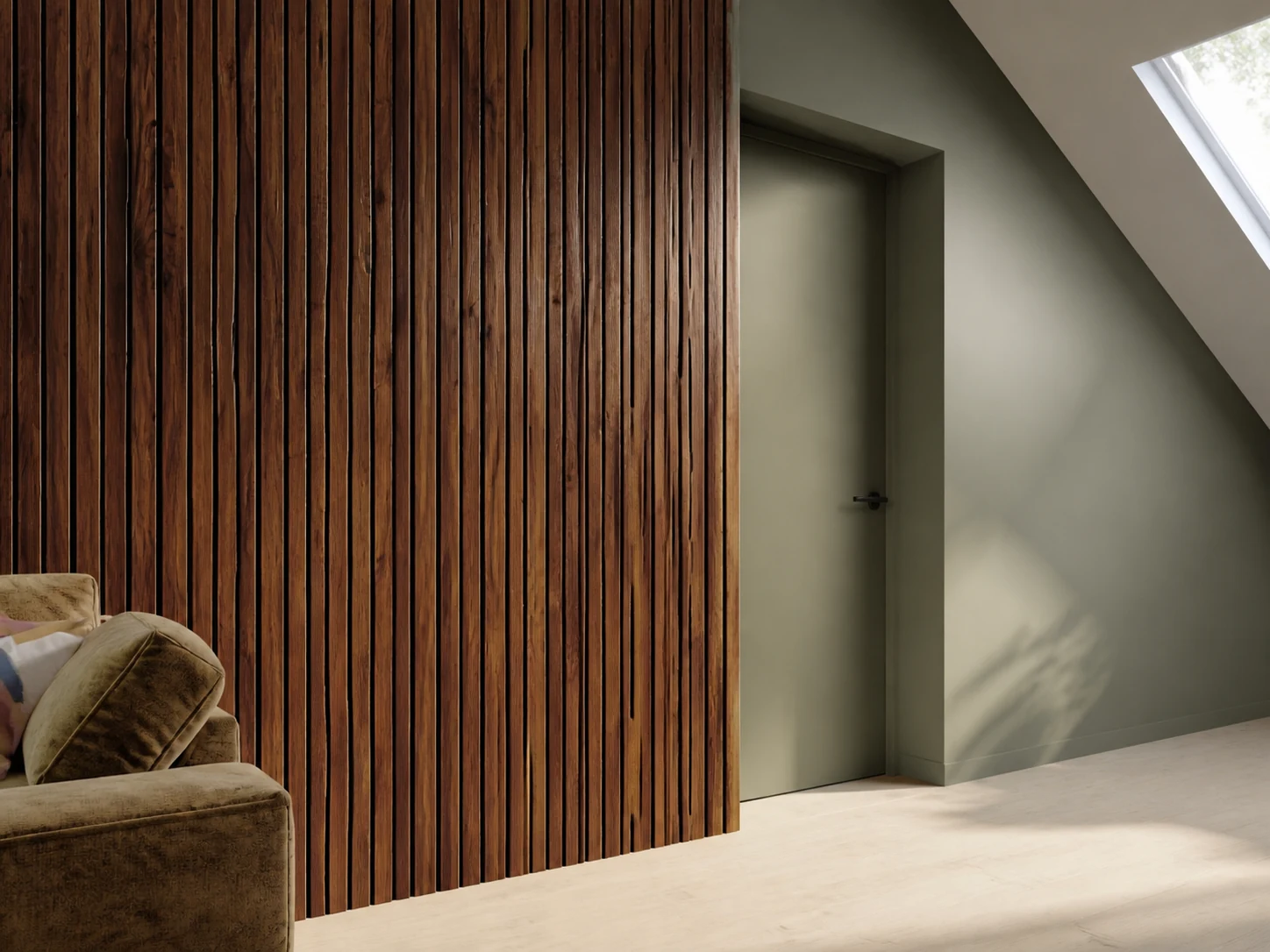 Concept close view of woodgrain panel alignment at an interior doorway.